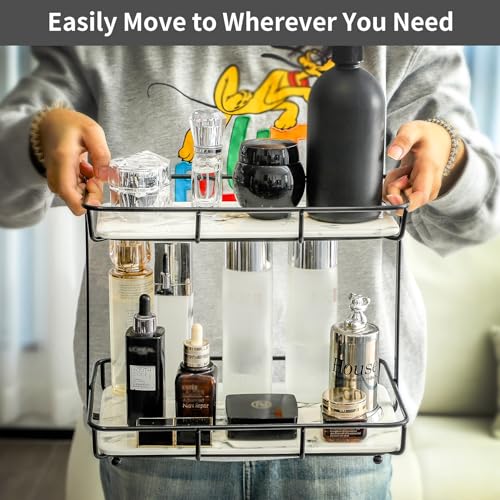 Dobbyby Bathroom Organizer Countertop Perfume Organizer Makeup Organizer Cosmetics Storage Display Rack Vanity Tray Dresser Stainless Steel Gold Shelf White Marble Ceramic Tray (2 Tier L-Black) - Image 3