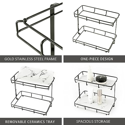 Dobbyby Bathroom Organizer Countertop Perfume Organizer Makeup Organizer Cosmetics Storage Display Rack Vanity Tray Dresser Stainless Steel Gold Shelf White Marble Ceramic Tray (2 Tier L-Black) - Image 4