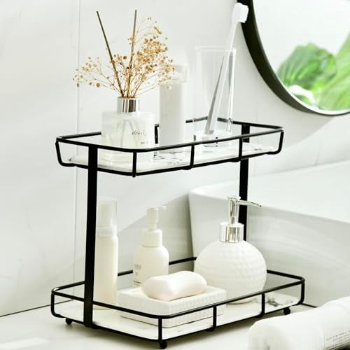 Dobbyby Bathroom Organizer Countertop Perfume Organizer Makeup Organizer Cosmetics Storage Display Rack Vanity Tray Dresser Stainless Steel Gold Shelf White Marble Ceramic Tray (2 Tier L-Black) - Image 1