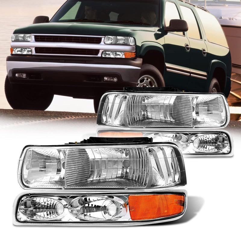 AS Headlight Assembly Compatible with 1999 2000 2001 2002 Chevy Silverado 1500 250020002006 Suburban 1500HD 2500HD Tahoe Headlamp withChrome Housing Amber Reflector Clear Lens