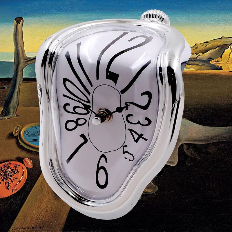 FAREVER Melting Clock, Salvador Dali Watch Melted Clock for Decorative Home Office Shelf Desk Table Funny Creative Gift, Arab Silver - Image 1