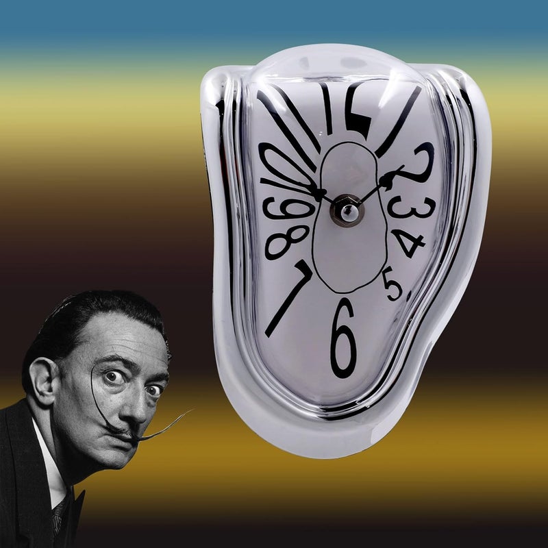 FAREVER Melting Clock, Salvador Dali Watch Melted Clock for Decorative Home Office Shelf Desk Table Funny Creative Gift, Arab Silver - Image 2