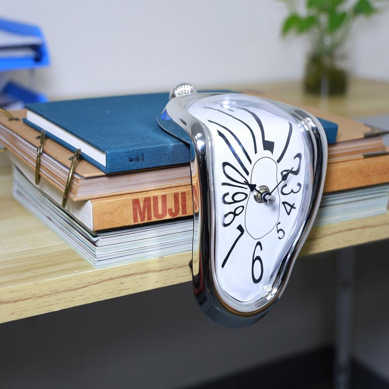 FAREVER Melting Clock, Salvador Dali Watch Melted Clock for Decorative Home Office Shelf Desk Table Funny Creative Gift, Arab Silver - Image 3