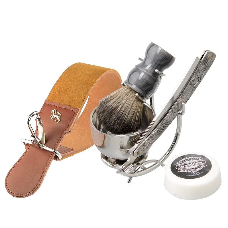 Grandslam Shaving Straight Razor Kit Steel Cutthroat Straight Razor With Leather Strop Shave Brush Stainless Steel Shaving Bowl and Stand Gift for Men