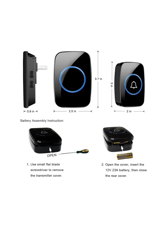 promass Wireless Doorbell Kit,Waterproof Door Bell Kit,Plug-in Receiver,Distinguish front and rear doors,Over 1000 feet Range and 60 Chime,5 Levels Volume and LED Flash,for Home Office Classroom (Black) - Image 3