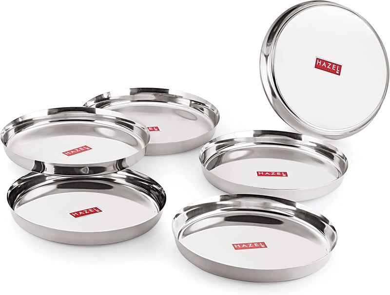 Hazel Stainless Steel Dinner Plates Set of 6  Unbreakable Mirror Finish Thali for Indian Dining  Premium Quality Steel Plates for Meals Serving Camping  Outdoor Use  Dishwasher Safe - Image 1