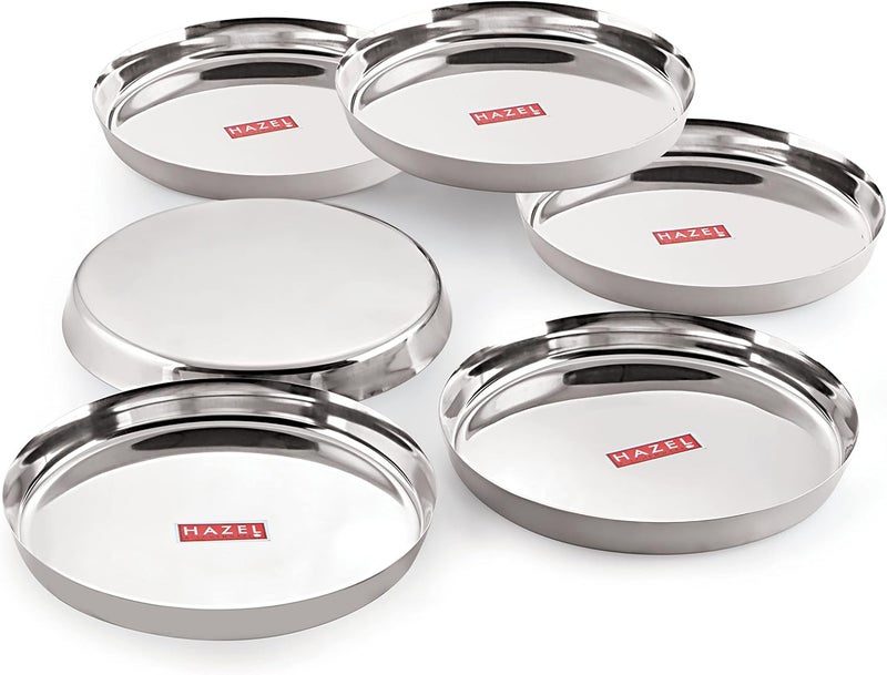 Hazel Stainless Steel Dinner Plates Set of 6  Unbreakable Mirror Finish Thali for Indian Dining  Premium Quality Steel Plates for Meals Serving Camping  Outdoor Use  Dishwasher Safe - Image 2