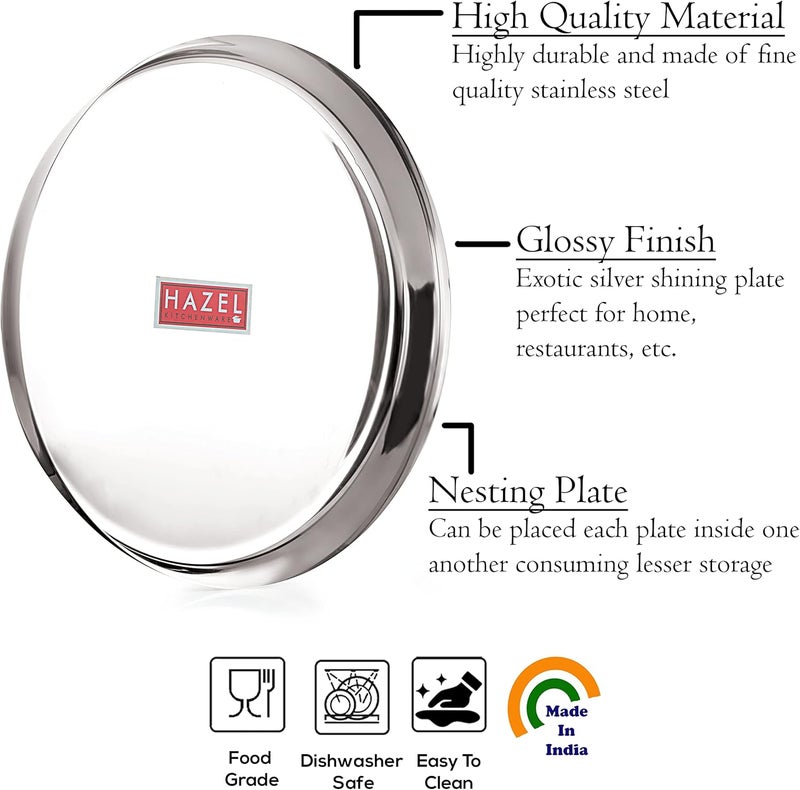 Hazel Stainless Steel Dinner Plates Set of 6  Unbreakable Mirror Finish Thali for Indian Dining  Premium Quality Steel Plates for Meals Serving Camping  Outdoor Use  Dishwasher Safe - Image 3