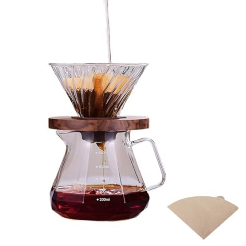 Pour Over Coffee Maker, V60 Coffee Pot 600mL, Glass Drip Filter with Tick Marks, with 40pcs v60 filter - Image 1