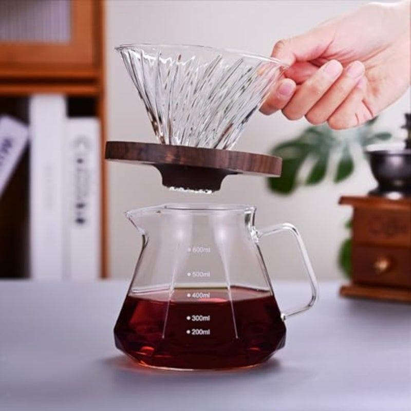 Pour Over Coffee Maker, V60 Coffee Pot 600mL, Glass Drip Filter with Tick Marks, with 40pcs v60 filter - Image 4