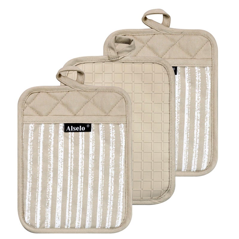Alselo Silicone Pot Holders Set of 3 Heat Resistant & Non Slip Potholders, Professional Oven Hot Pads with Pockets Mitts for Kitchen Cooking Baking Barbecue (Khaki, 3) - Image 1