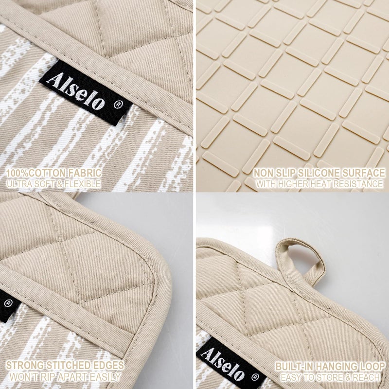 Alselo Silicone Pot Holders Set of 3 Heat Resistant & Non Slip Potholders, Professional Oven Hot Pads with Pockets Mitts for Kitchen Cooking Baking Barbecue (Khaki, 3) - Image 3