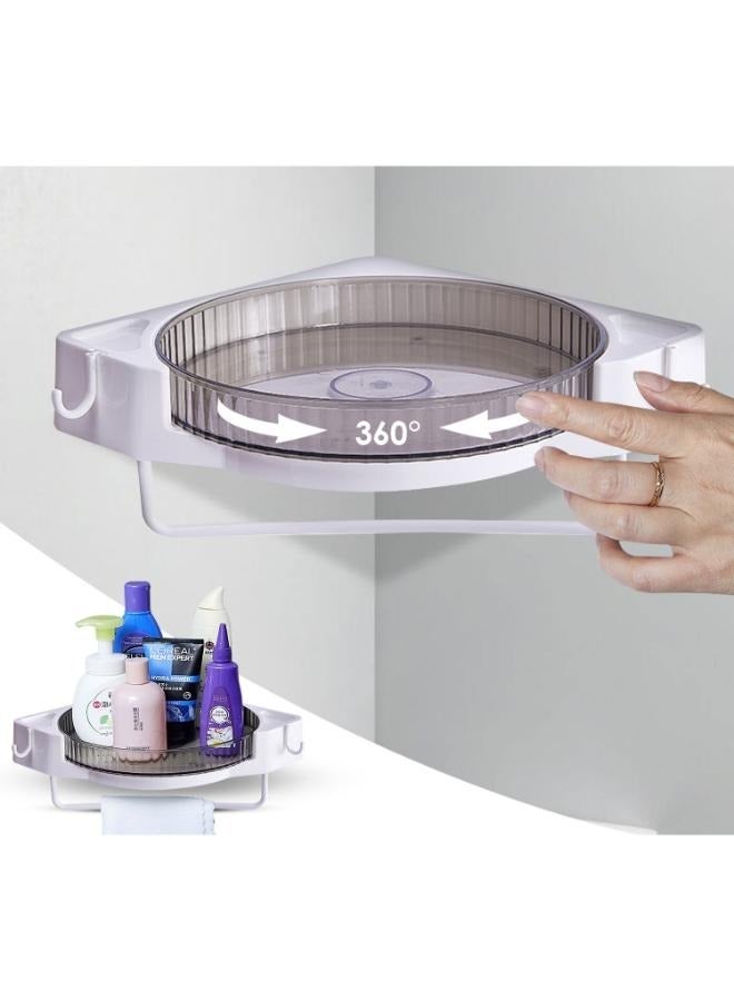 Eoptify Corner Shower Caddy with 360° Rotate Strong Adhesive, 2 Hooks & Towel Bar, Drill-Free Removable Wall-Mounted Organizer for Bathroom & Kitchen Storage - Image 1