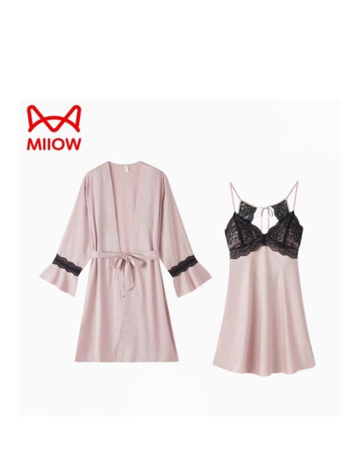 MIIOW Strap Sleeping Skirt Women's Silk Sleeping Robe with Chest Mat Ice Silk Pure Desire Set Gift Box  - Image 1