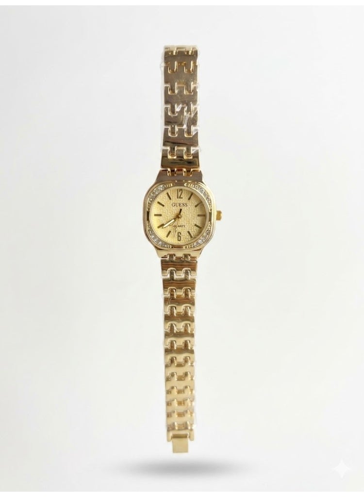 GUESS Women's Gold-Tone Dress Watch with Crystal Bezel and Champagne Textured Dial - Image 1