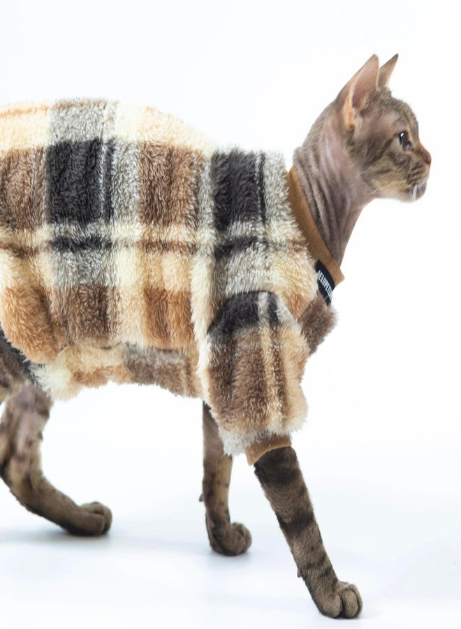 Urnat Cat Double-Sided Fleece Clothes, Soft Warm Winter Jumpsuit Sweater Shirt Clothing for Hairless Sphynx, Devon & All Indoor Kittens (Khaki,L) - Image 3