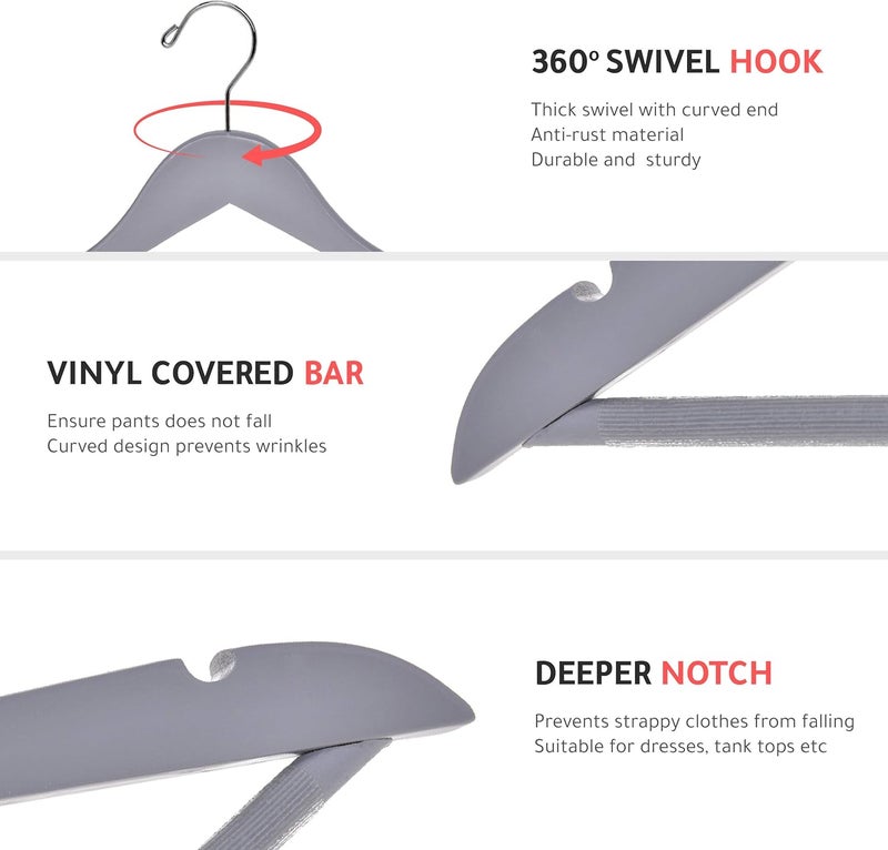 Quality Hangers شماعات خشبية عالية الجودة - مجموعة 10 شماعات منحنية قليلاً - معطف خشبي صلب مع خطافات كروم أنيقة - شماعات ثقيلة للملابس والجاكيت والقمصان والبنطلونات والبدلات (رمادي، 10) - Image 4
