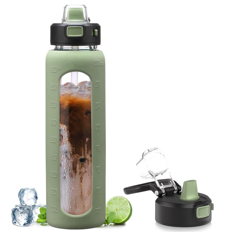 Kodrine 32 oz Glass Water Bottle with Straw and Carry Loop OneTouch Leakproof Locking Lid Reusable Drinking Bottle with Time Marker for Travel Home Gym Sports Olive