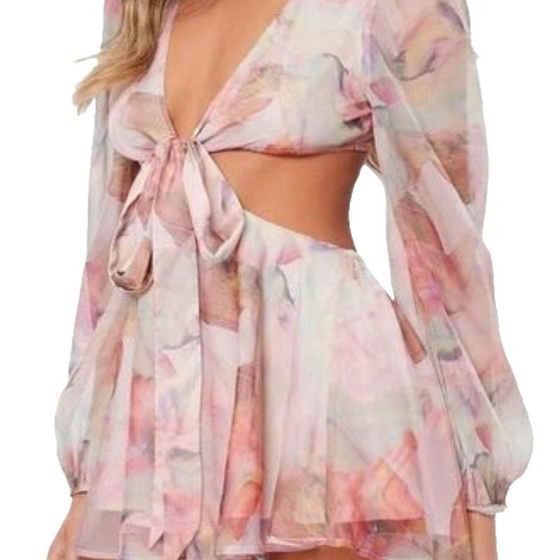 Women's Summer Casual Chiffon Dress with Lantern Sleeves and Knot Waist - Image 5