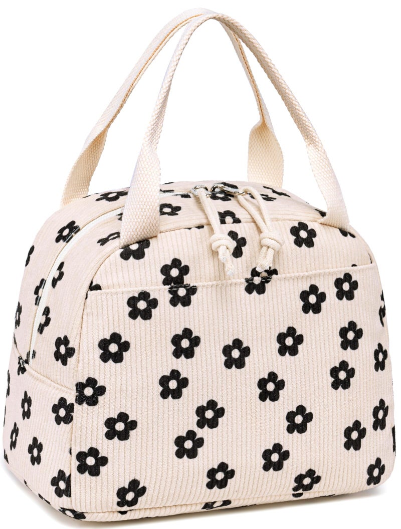 LEDAOU Lunch Box for Women Insulated Lunch Bag Corduroy Lunch Tote Bags Leakproof Cooler Lunch Case for Travel Work Picnic Black Floral - Image 2