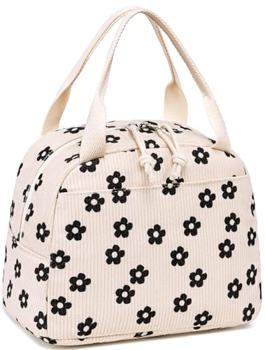 LEDAOU Lunch Box for Women Insulated Lunch Bag Corduroy Lunch Tote Bags Leakproof Cooler Lunch Case for Travel Work Picnic Black Floral - Image 1