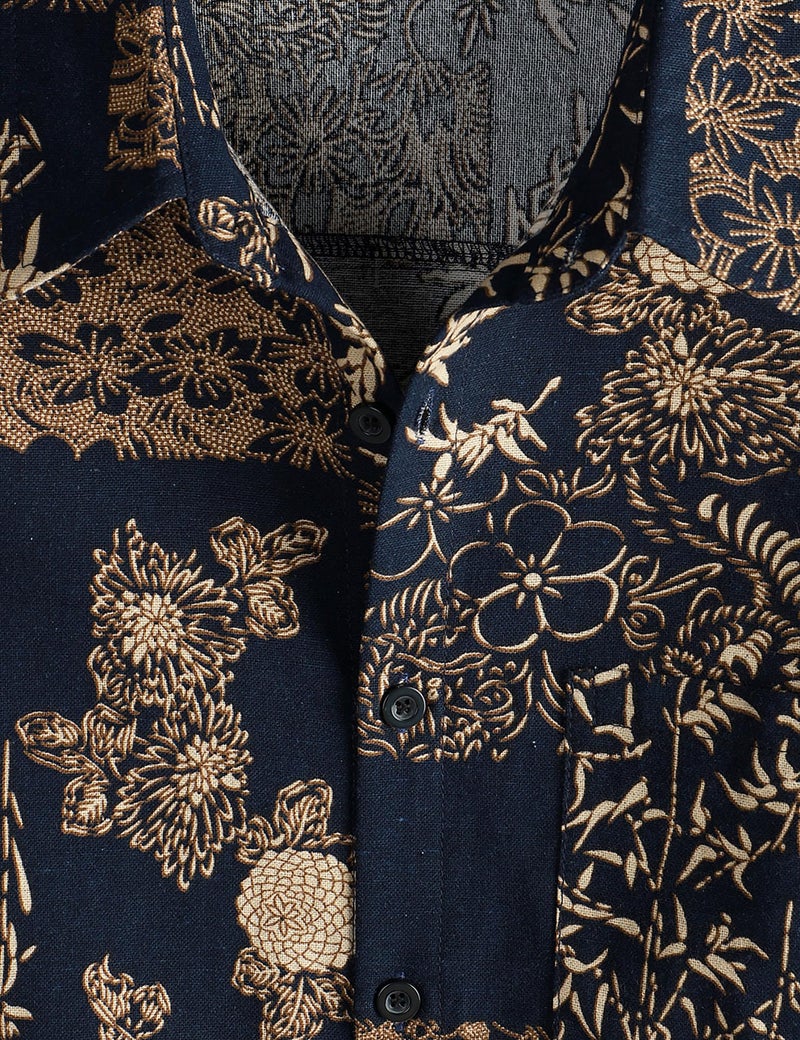 PARKLEES Men's Casual Linen Flower Print Shirt Short Sleeve Button up Hawaiian Shirts Hipster 70s Hippie Tops Navy Flower XX-Large - Image 3