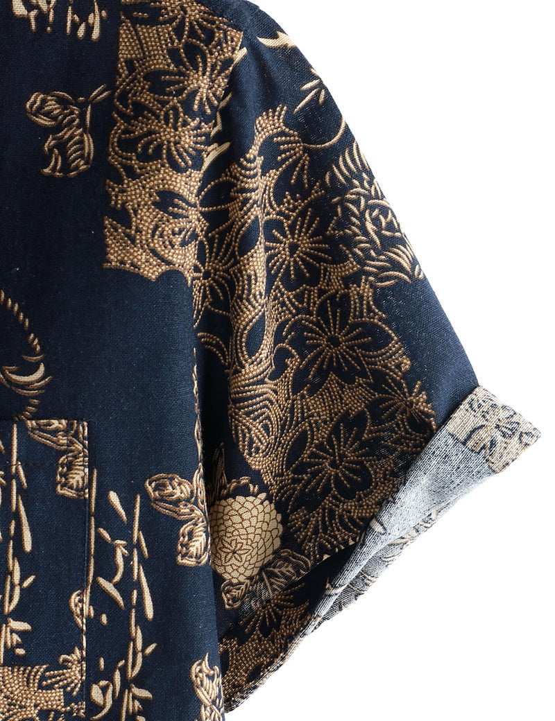 PARKLEES Men's Casual Linen Flower Print Shirt Short Sleeve Button up Hawaiian Shirts Hipster 70s Hippie Tops Navy Flower XX-Large - Image 5