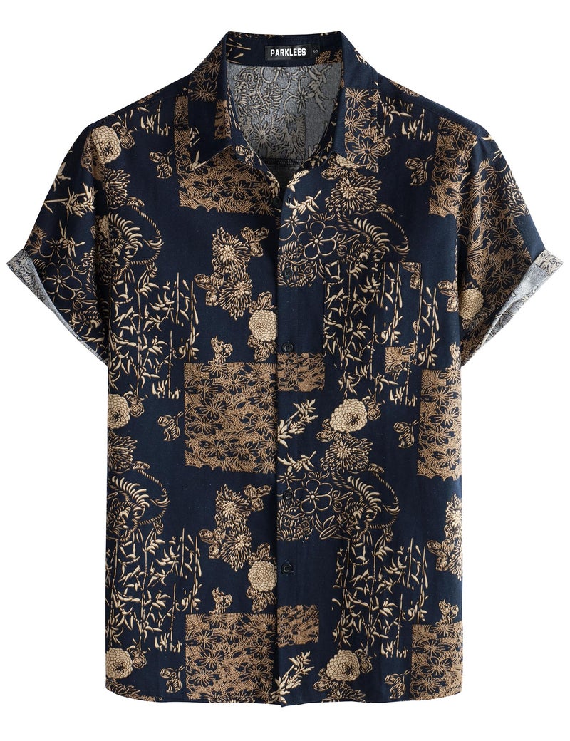 PARKLEES Men's Casual Linen Flower Print Shirt Short Sleeve Button up Hawaiian Shirts Hipster 70s Hippie Tops Navy Flower XX-Large - Image 1