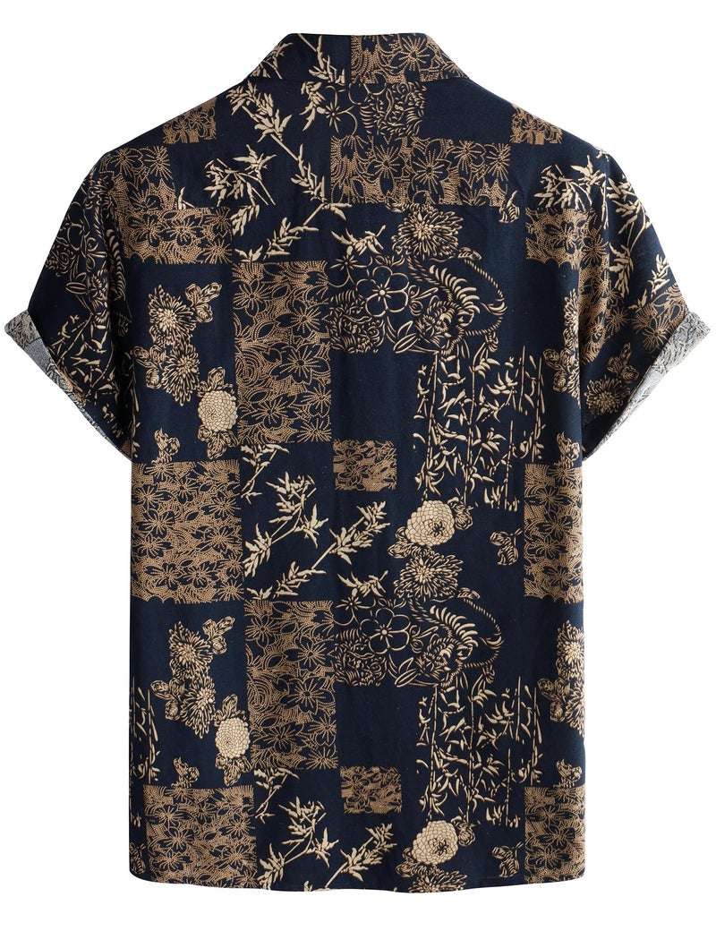 PARKLEES Men's Casual Linen Flower Print Shirt Short Sleeve Button up Hawaiian Shirts Hipster 70s Hippie Tops Navy Flower XX-Large - Image 2
