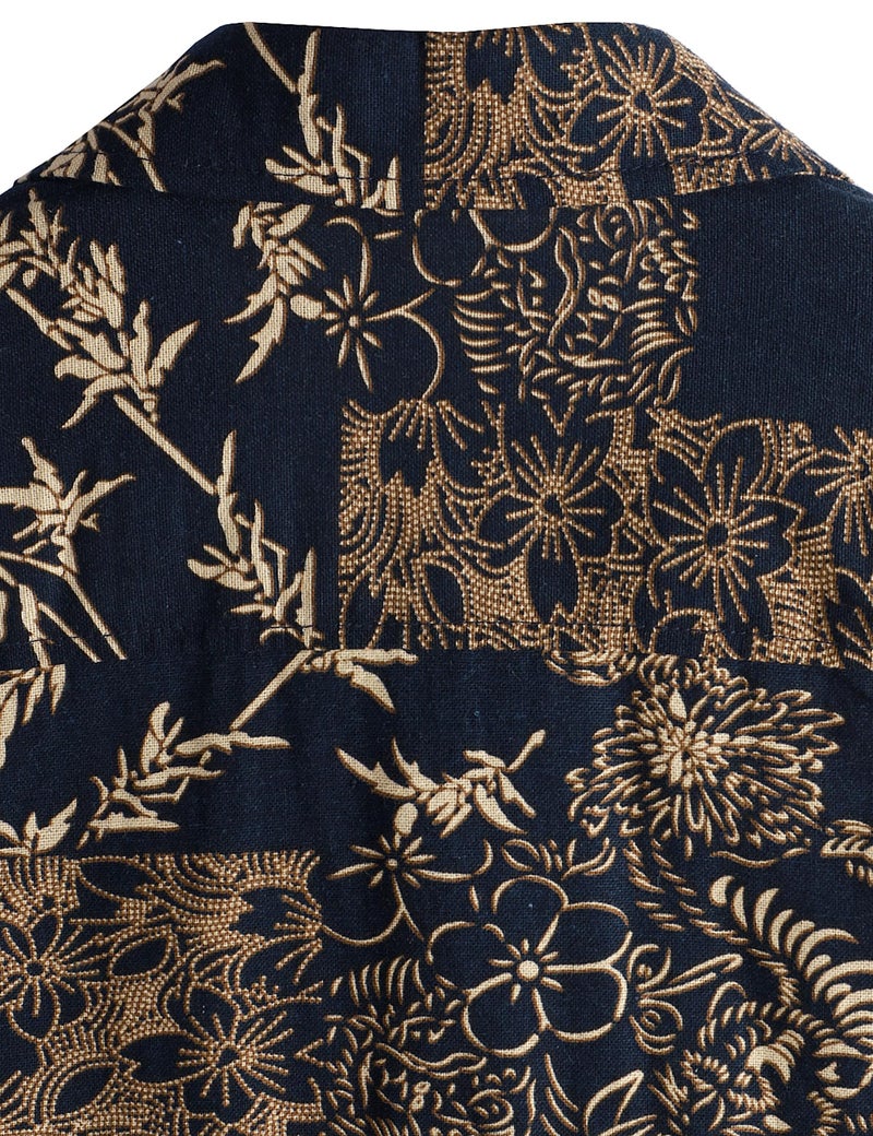 PARKLEES Men's Casual Linen Flower Print Shirt Short Sleeve Button up Hawaiian Shirts Hipster 70s Hippie Tops Navy Flower XX-Large - Image 4