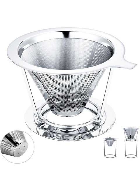 Pour Over Coffee Dripper Filter, Reusable Coffee Filter, Stainless Steel Cone Coffee Filter Single Cup, Paperless Pour Over Coffee Maker with Non-slip Cup Stand, Easy to Clean