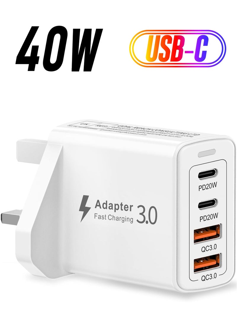ELTRAZONE New USB C Plug, 40W 4-Port USB C Fast Charger Plug Multi USB Plug Adapter UK Fast Charge Type C Plug Charger, USB Charger Plug, Dual USB C Power Adapter for iPhone 16, 15, 14, 13 Pro Max, iPad, Samsung Galaxy - Image 1