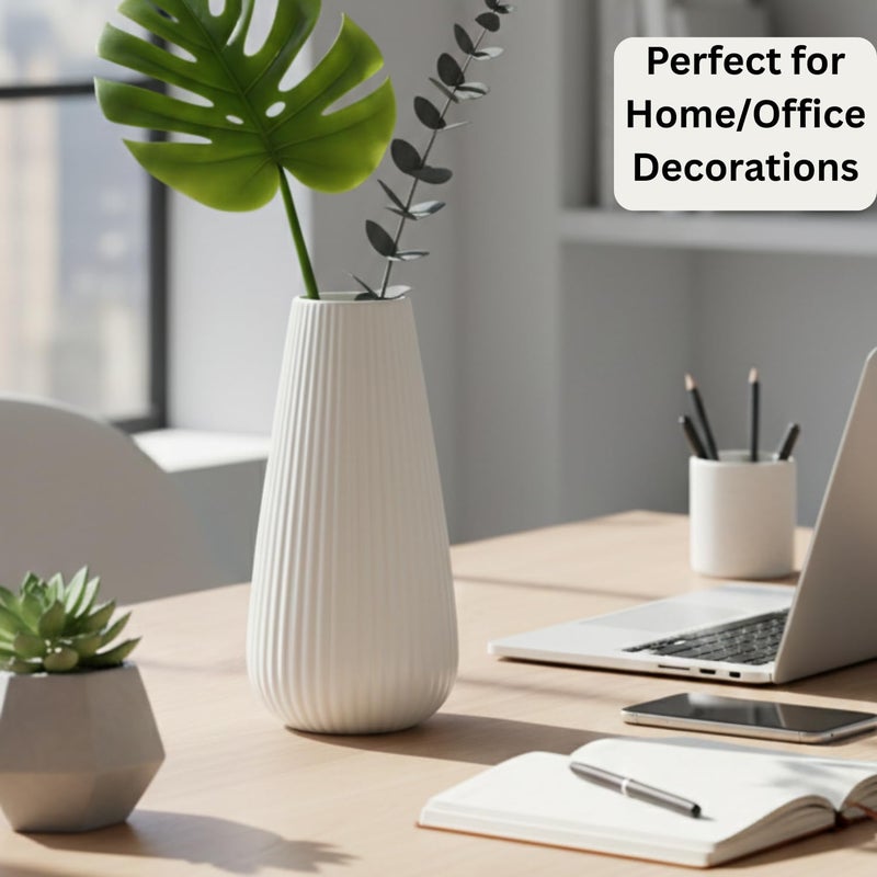 DECORPIA Luxury White Ceramic Vase, Modern Ribbed Fluted Design, Flower Vase for Home Decor, Cute Vase for Pampas Grass, Living Room, Dining Table, Farmhouse, Office, Bedroom, Kitchen Shelf - Image 5
