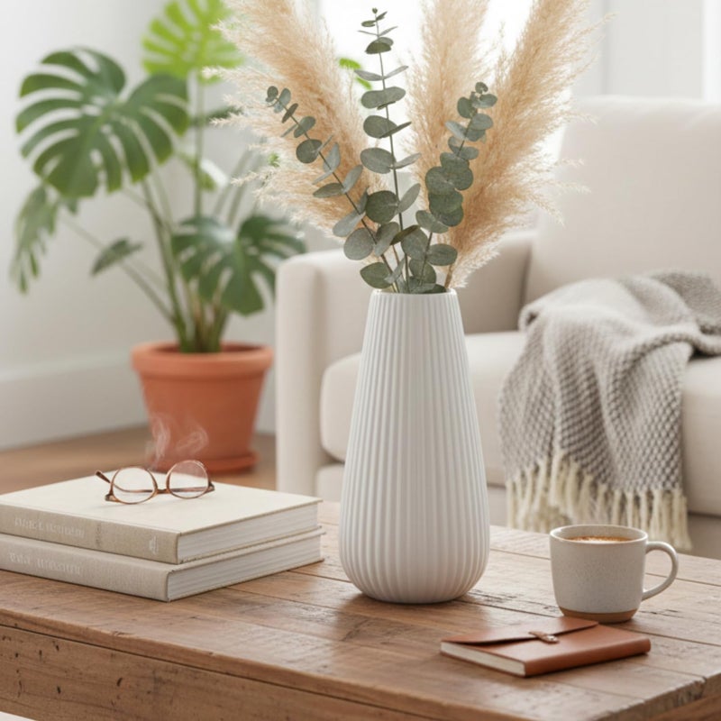 DECORPIA Luxury White Ceramic Vase, Modern Ribbed Fluted Design, Flower Vase for Home Decor, Cute Vase for Pampas Grass, Living Room, Dining Table, Farmhouse, Office, Bedroom, Kitchen Shelf - Image 3