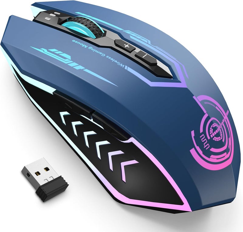 UHURU Gaming Mouse, Wireless Gaming Mouse with 7 Buttons 7 Changeable LED Color up to 12000 DPI, Rechargeable USB Gamer Mouse for PC Laptop (Blue) - Image 1