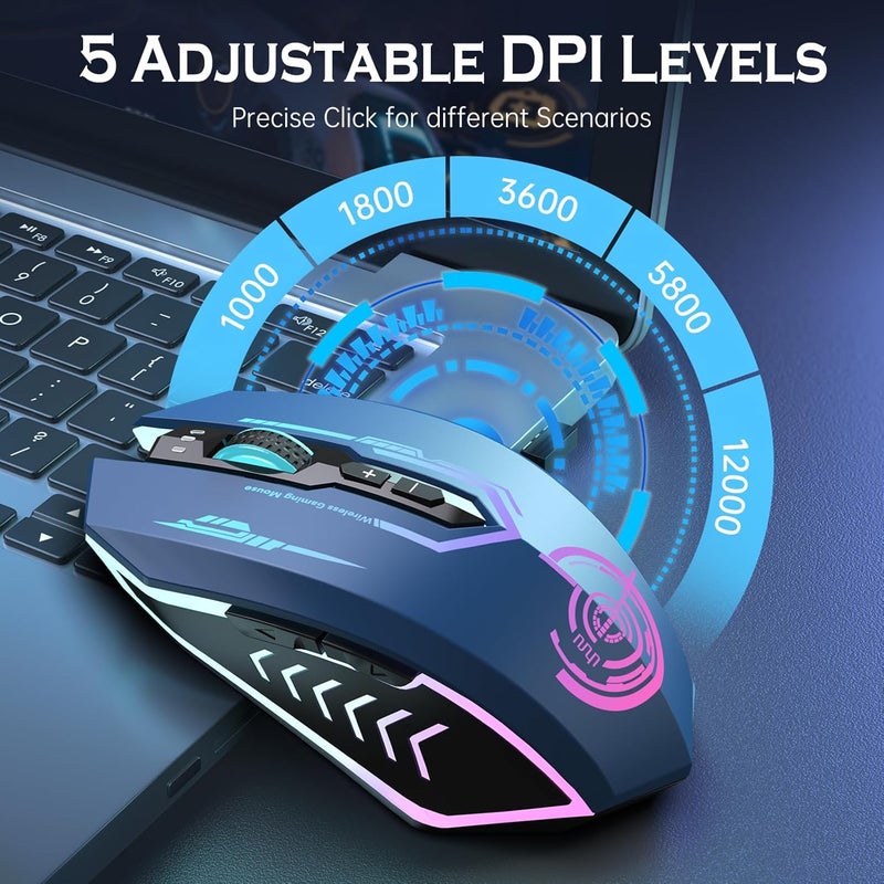 UHURU Gaming Mouse, Wireless Gaming Mouse with 7 Buttons 7 Changeable LED Color up to 12000 DPI, Rechargeable USB Gamer Mouse for PC Laptop (Blue) - Image 2