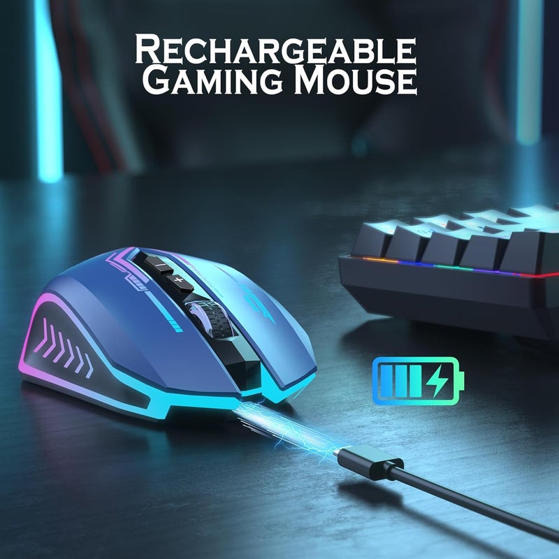 UHURU Gaming Mouse, Wireless Gaming Mouse with 7 Buttons 7 Changeable LED Color up to 12000 DPI, Rechargeable USB Gamer Mouse for PC Laptop (Blue) - Image 5