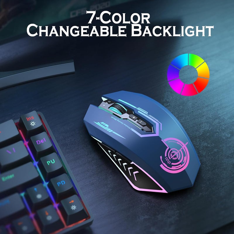 UHURU Gaming Mouse, Wireless Gaming Mouse with 7 Buttons 7 Changeable LED Color up to 12000 DPI, Rechargeable USB Gamer Mouse for PC Laptop (Blue) - Image 3