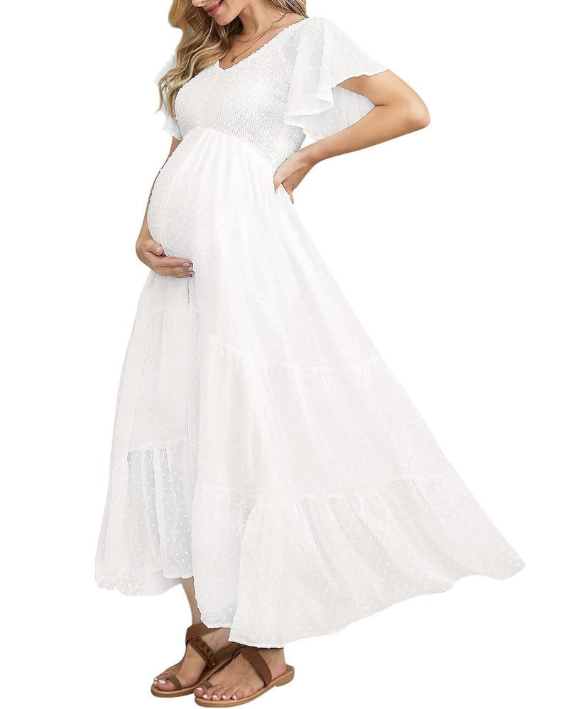 guruixu Swiss Dot Smocked Maternity Dress for Baby Shower Photoshoot Casual V Neck Ruffle Sleeve Empire Waist Tiered Boho Dress B White - Image 1