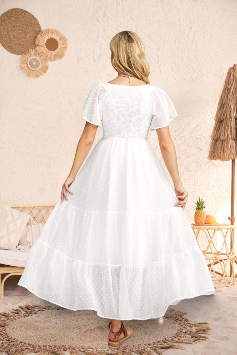 guruixu Swiss Dot Smocked Maternity Dress for Baby Shower Photoshoot Casual V Neck Ruffle Sleeve Empire Waist Tiered Boho Dress B White - Image 4