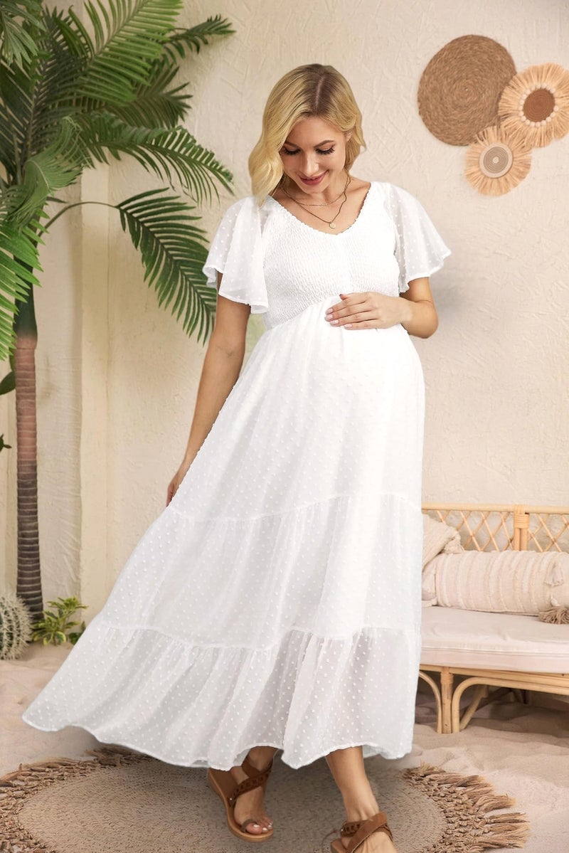 guruixu Swiss Dot Smocked Maternity Dress for Baby Shower Photoshoot Casual V Neck Ruffle Sleeve Empire Waist Tiered Boho Dress B White - Image 5