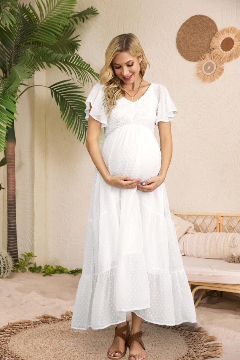 guruixu Swiss Dot Smocked Maternity Dress for Baby Shower Photoshoot Casual V Neck Ruffle Sleeve Empire Waist Tiered Boho Dress B White - Image 2
