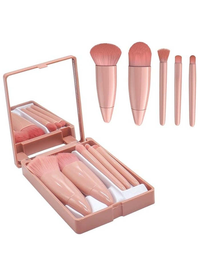 5Pcs Travel Makeup Brush Set with Case & Mirror,Mini Make Up Brushes Pack,Face & Eye Makeup Brush Set,Ideal for Travel - Image 1