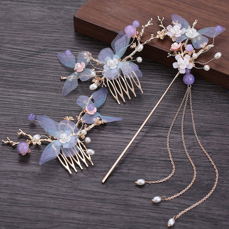 Generic Elegant Hanfu Tassel Hairpin Set T36 set with eyebrow stickers