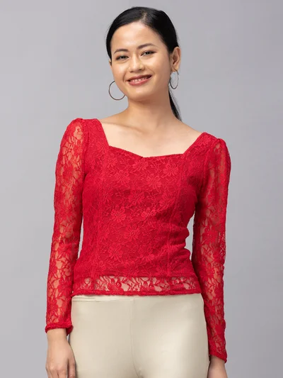 globus Women Sweetheart Neck Smocked Floral Lace Top