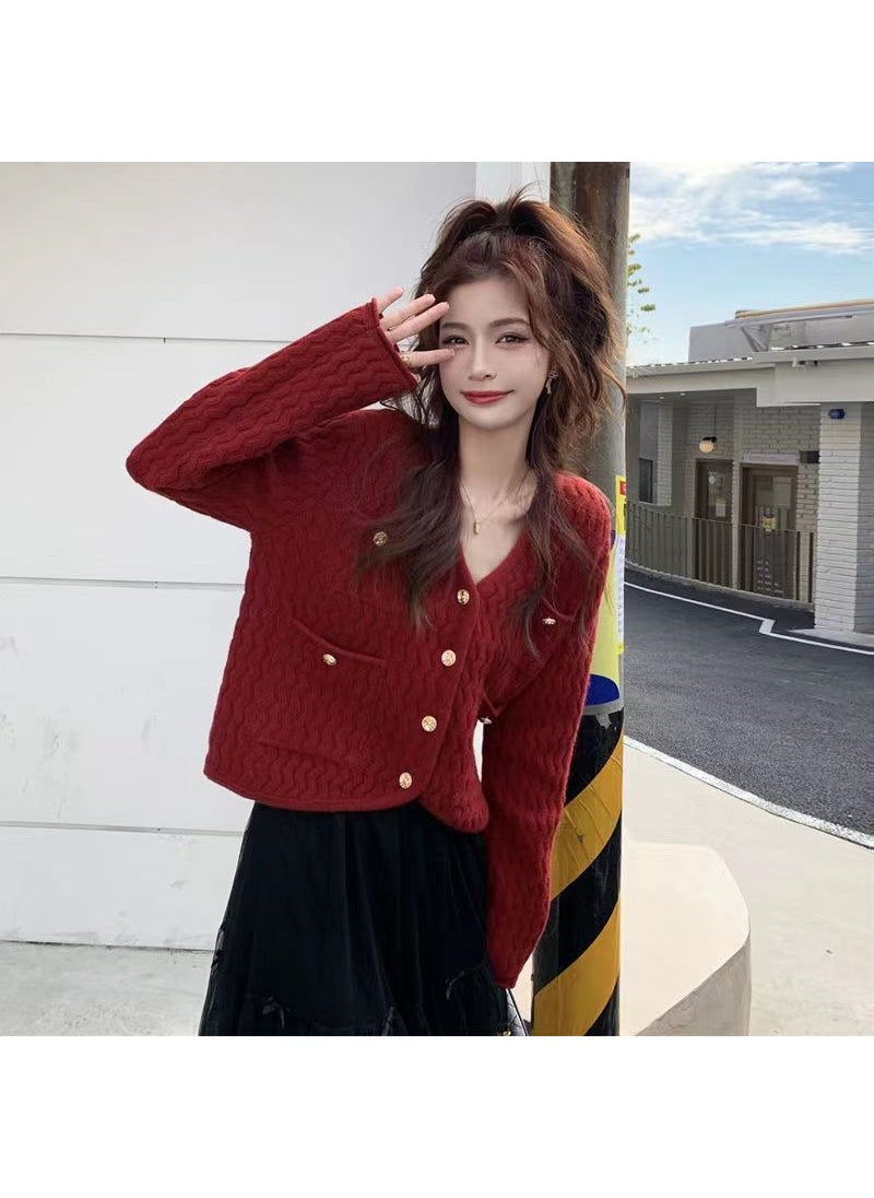 Generic - Autumn Women Small Fragrance Style Knitted Open Shirt V-neck Wave Pattern Loose Thick Wool Coat Urban Style Long Sleeve Red - Image 1