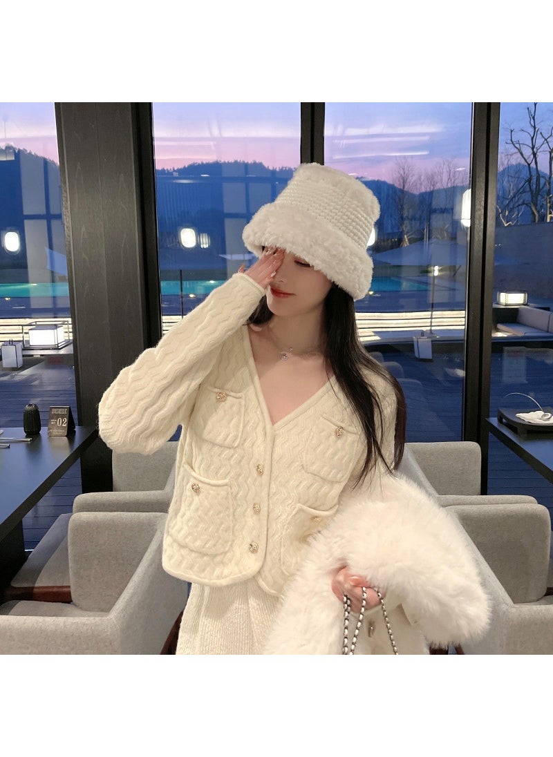 Generic - Autumn Women Small Fragrance Style Knitted Open Shirt V-neck Wave Pattern Loose Thick Wool Coat Urban Style Long Sleeve Red - Image 1