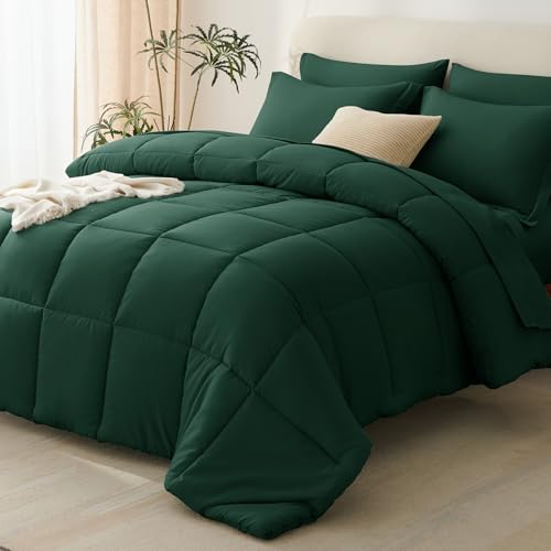 CozyLux Emerald Green Queen Comforter Set with Sheets - 7 Pieces Bed in a Bag Queen Bedding Sets, All Season Soft 7PC Bed Set with Comforter, Flat Sheet, Fitted Sheet, Pillowcases & Pillow Shams - Image 1