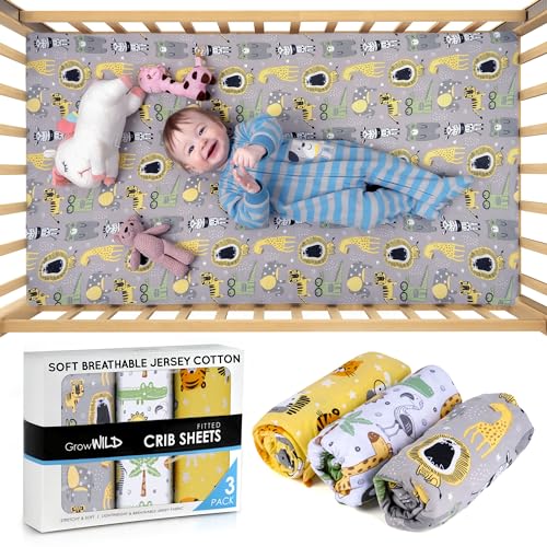 GrowWILD Fitted Nautical Crib Sheets (3 Pack) by GROW WILD - Jersey Knit Cotton Crib Sheet for Boys, Toddler Bed Mattress & Baby Boy Crib Bedding Set, 52” x 28” x 9” Crib Sheets (Safari Animals) - Image 2