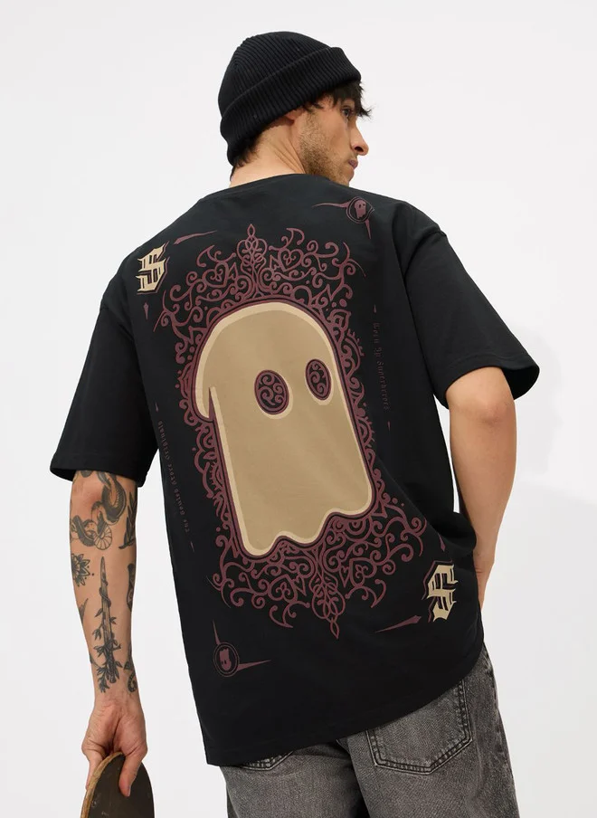 The Souled Store Men's Oversized Fit Graphic Print Black T-Shirt